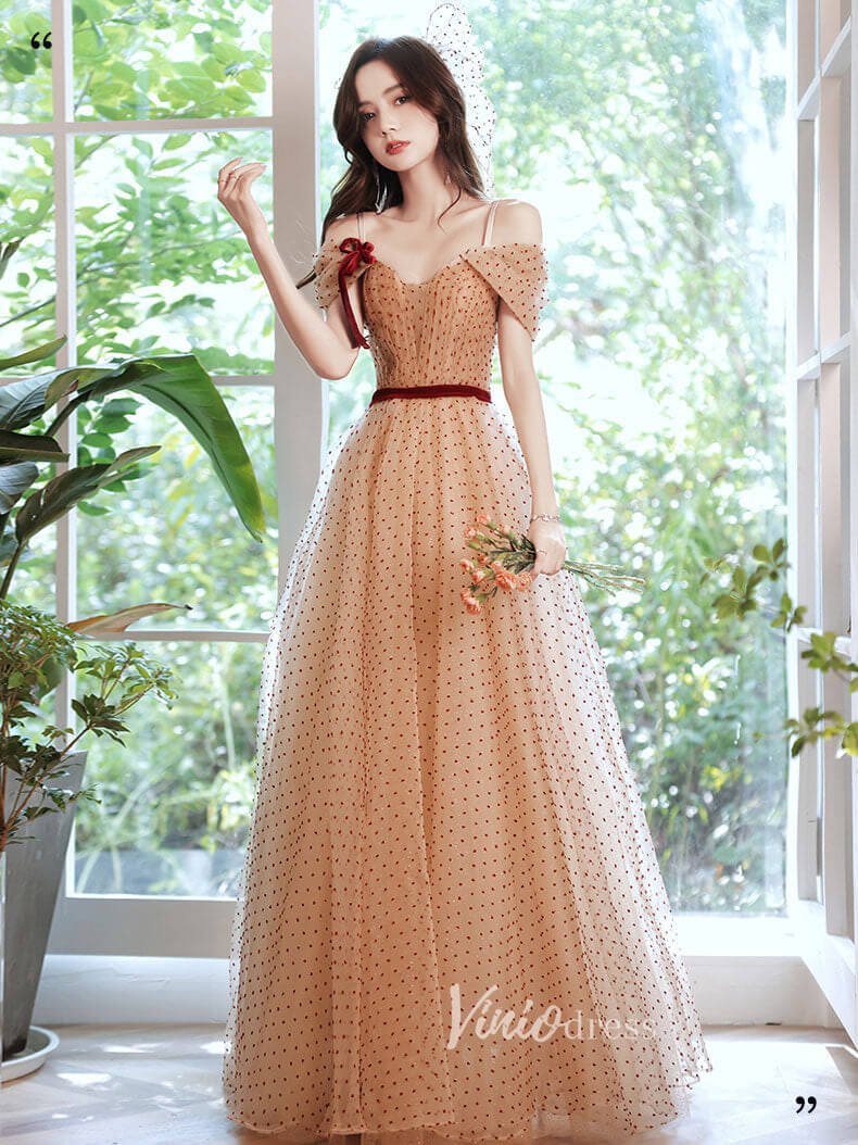 Champagne Dotted Tulle Prom Dresses Off the Shoulder Evening Dress FD3 Viniodress Champagne Dotted Tulle Prom Dresses Off the Shoulder Evening Dress FD3 Viniodress