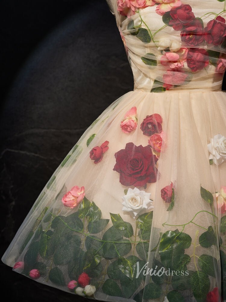 Champagne Floral Blossom Homecoming Dresses Short Rosette Dress BJ016-prom dresses 2025 -Viniodress-Champagne-Custom Size-