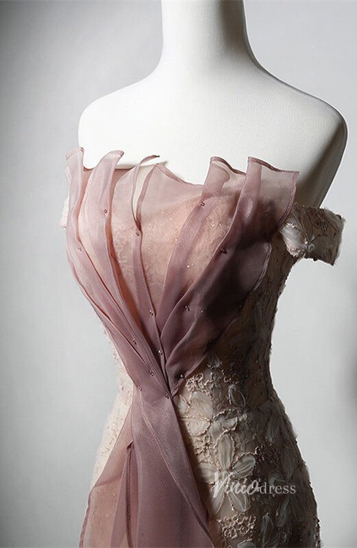 Champagne Floral Lace Prom Dresses Off the Shoulder Formal Dress AD1227-prom dresses 2025 -Viniodress-Champagne-Custom Size-