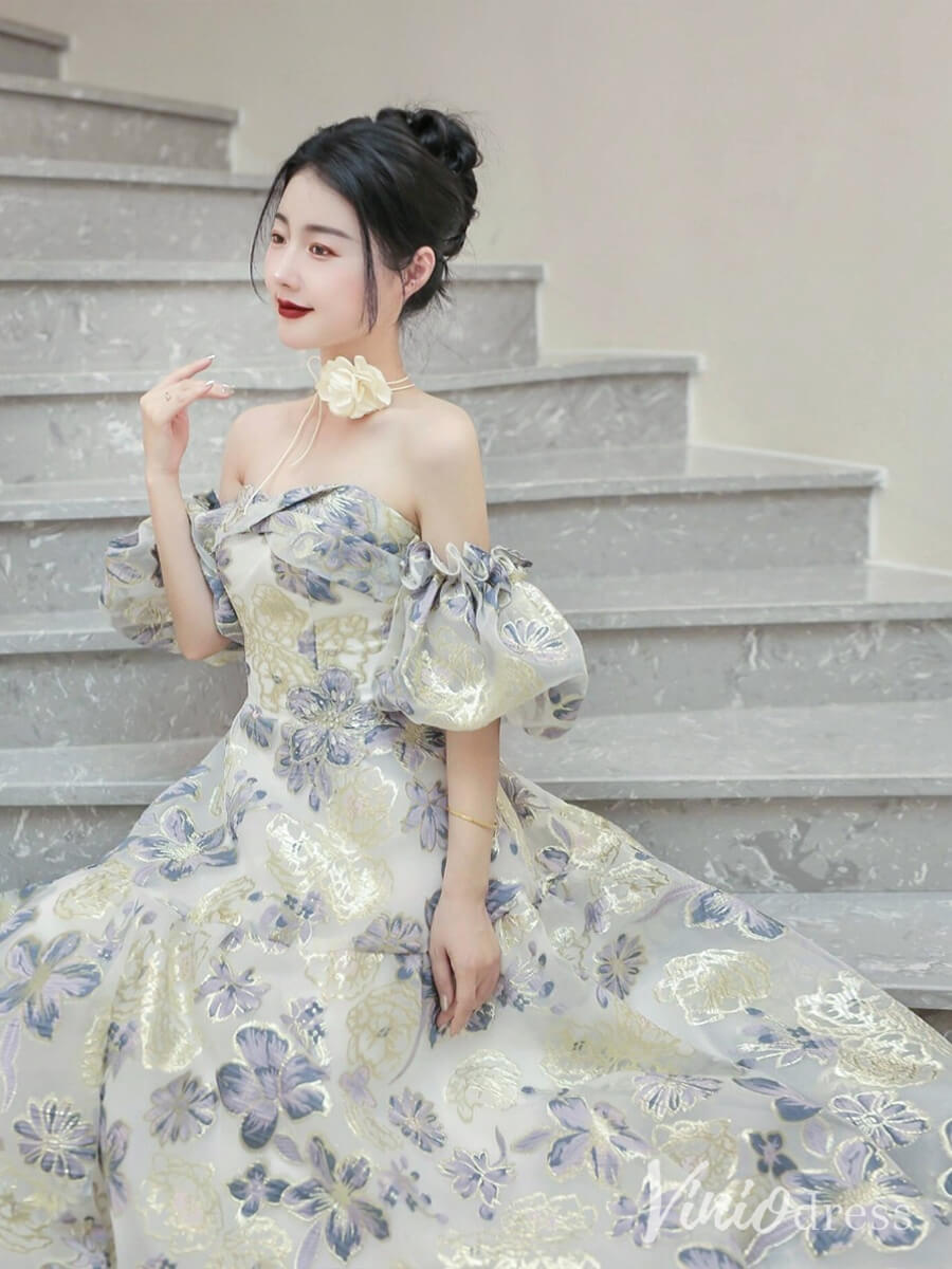 Champagne Floral Print Prom Dresses Off the Shoulder Quinceanera Dress AD1318-Quinceanera Dresses 2025 -Viniodress-Champagne-Custom Size-