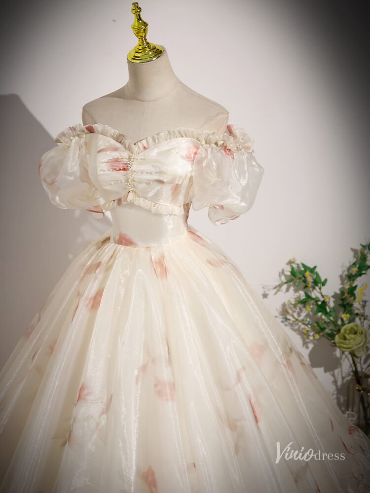 Champagne Floral Prom Dresses Off the Shoulder Organza Quinceanera Dresses BG048-prom dresses 2025 -Viniodress-Champagne-Custom Size-