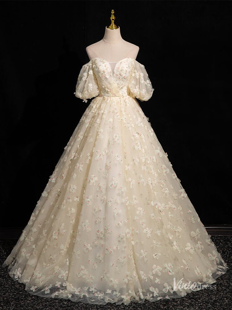 Champagne Floral Sweetheart Prom Ball Gown Off the Shoulder Puffed Sleeve Quinceanera Dresses BG052-prom dresses 2025 -Viniodress-Champagne-Custom Size-