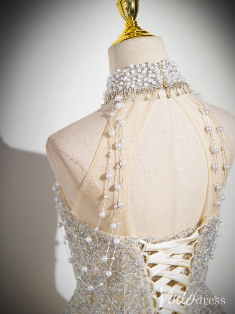Champagne Halter Neck Prom Dresses Sparkly Beaded Lace Formal Dress AD1346-prom dresses 2025 -Viniodress-Champagne-Custom Size-