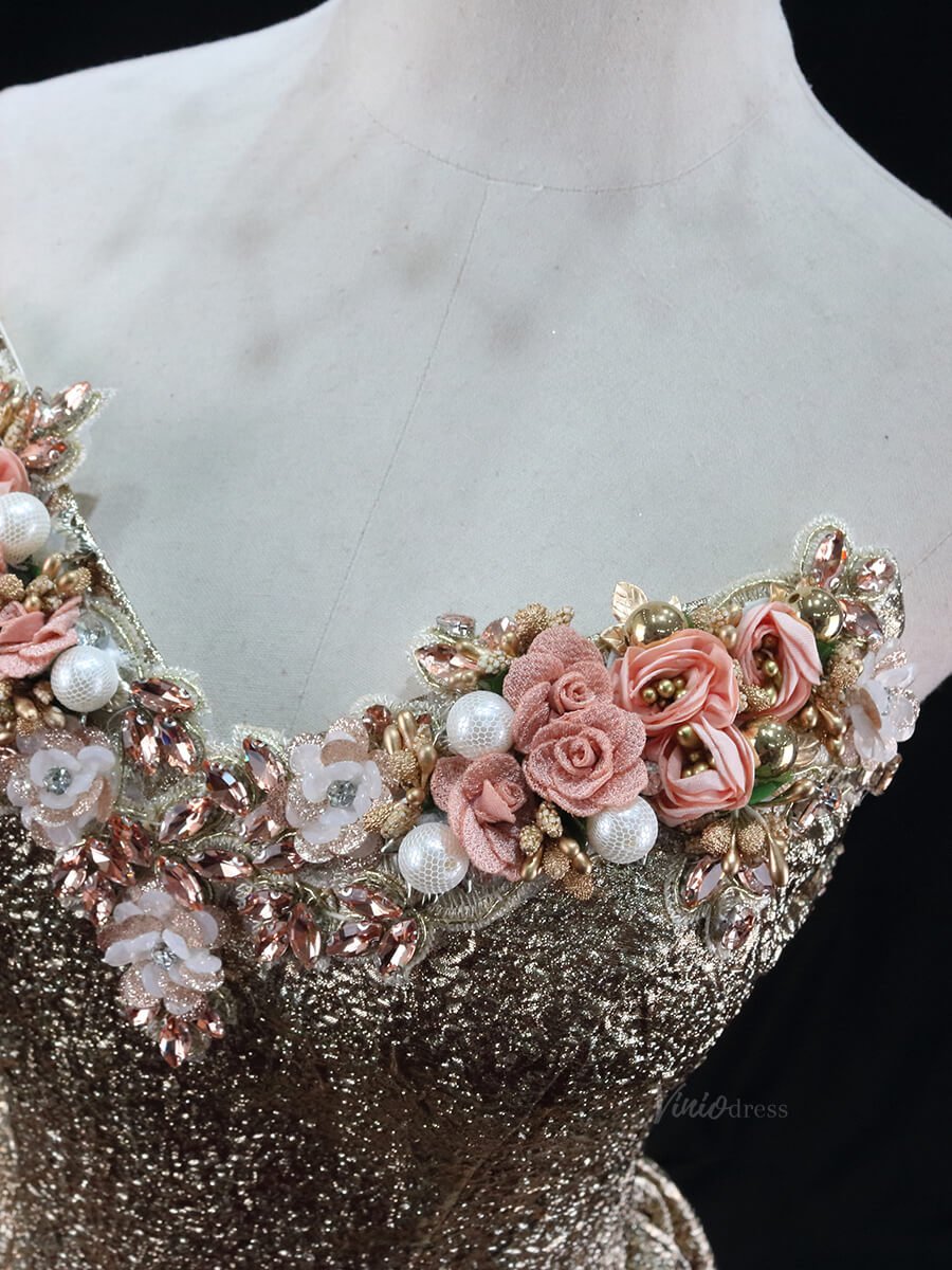 Champagne Jacquard Prom Dresses Floral Strapless Quinceanera Dresses SU022-prom dresses 2025 -Viniodress-Champagne-Custom Size-