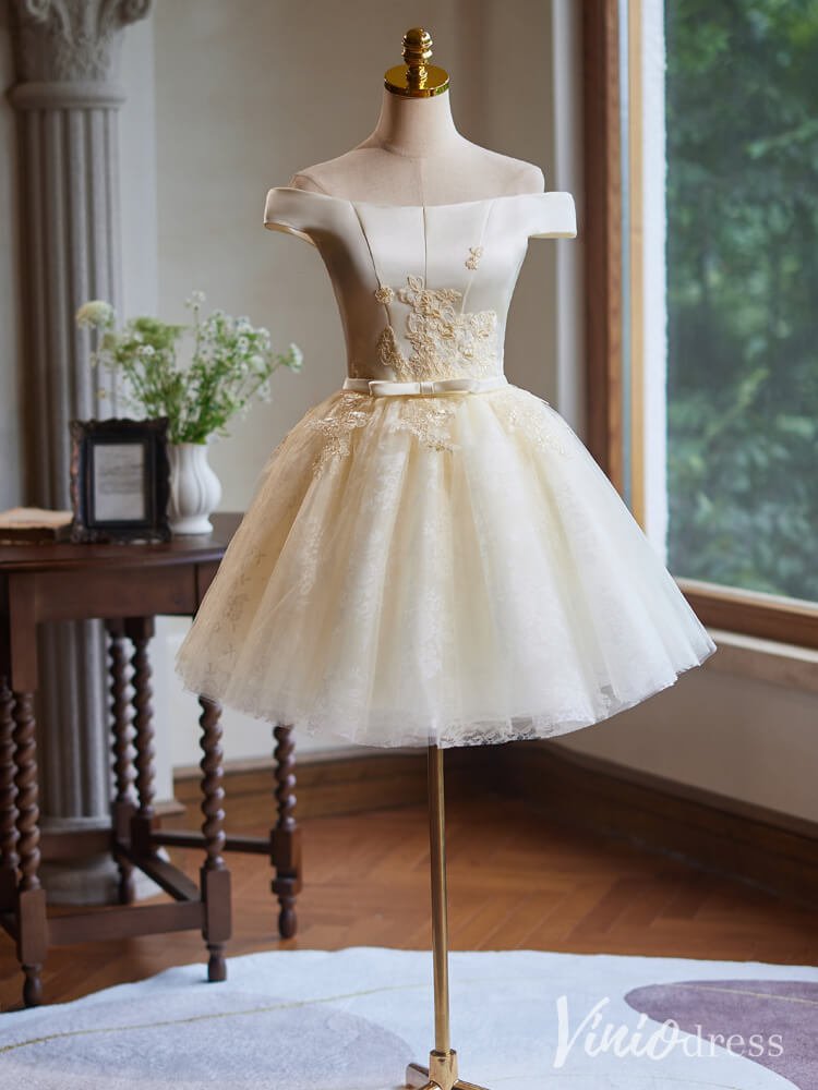 Champagne Lace Applique Homecoming Dresses Off the Shoulder Graduation Viniodress Champagne Lace Applique Homecoming Dresses Off the Shoulder Graduation Viniodress