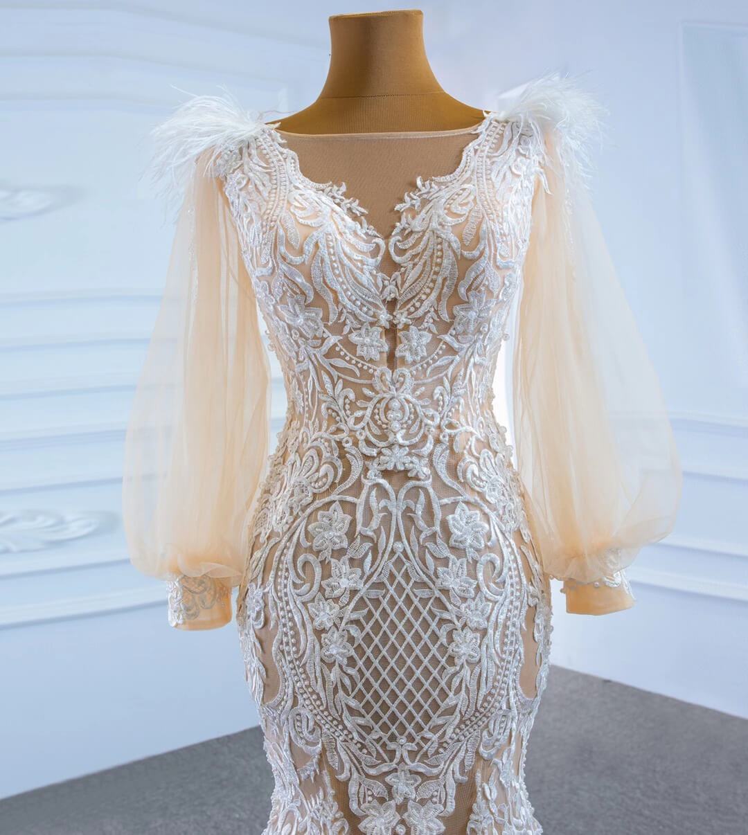 Champagne Mermaid Lace Wedding Dresses with Long Puff Sleeves VW1806-wedding dresses 2025 -Viniodress-Champagne-Custom Size-