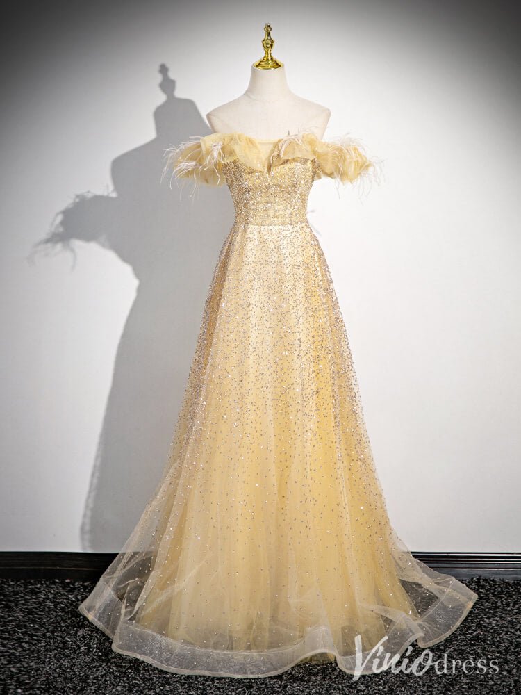 Champagne Off the Shoulder Prom Dresses Feather Sparkly Evening Dress Viniodress Champagne Off the Shoulder Prom Dresses Feather Sparkly Evening Dress Viniodress