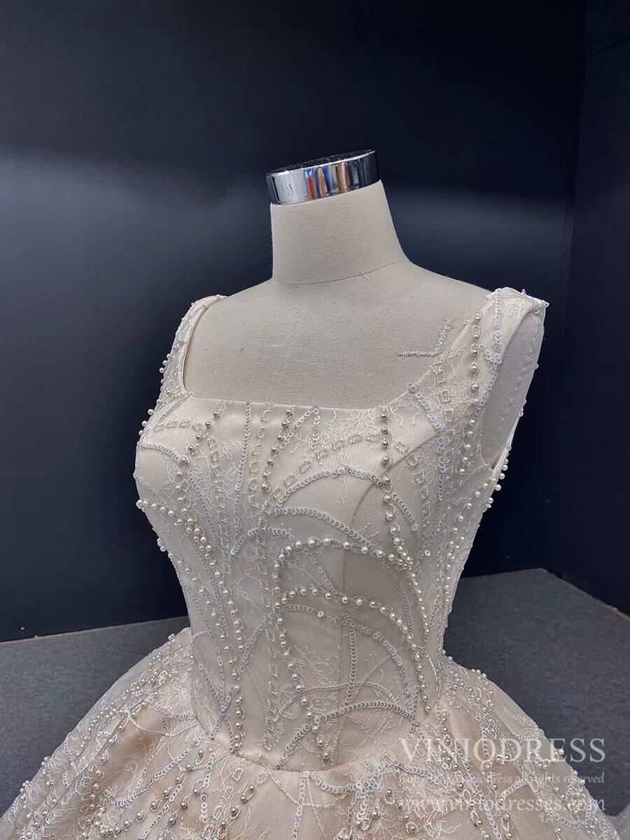 Champagne Pearl Embroidery Lace Wedding Dresses Square Neck Ball Gown VW1650-wedding dresses 2025 -Viniodress-Champagne-Custom Size-