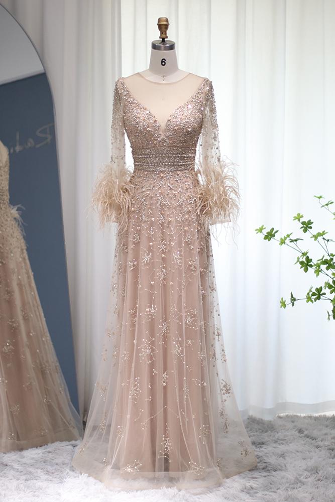 champagne pink dress Champagne Pink Beaded Evening Dresses Long Sleeves Feather Prom Dress – Viniodress