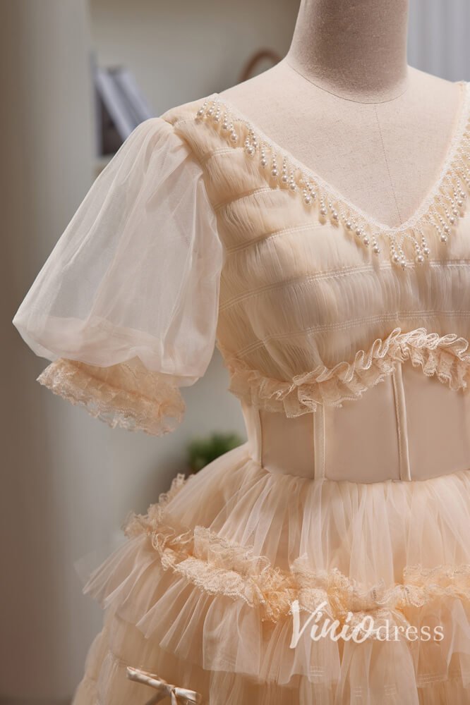 Champagne Puffed Sleeve Homecoming Dresses V-Neck Short Prom Dress SD1613-prom dresses 2025 -Viniodress-Champagne-Custom Size-