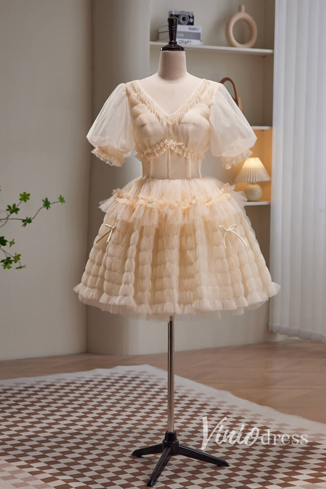 Champagne Puffed Sleeve Homecoming Dresses V-Neck Short Prom Dress SD1 –  Viniodress