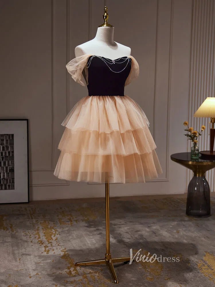 Champagne Ruffle Homecoming Dresses Off the Shoulder Velvet Bodice Beaded String BJ027-prom dresses 2025 -Viniodress-Champagne-Custom Size-