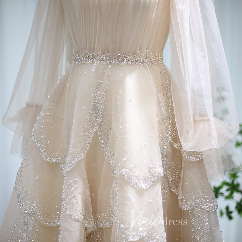 Champagne Ruffle Prom Dresses Long Sleeve Tea Length Evening Gown 20100-Evening Dresses 2025 -Viniodress-Champagne-US 2-