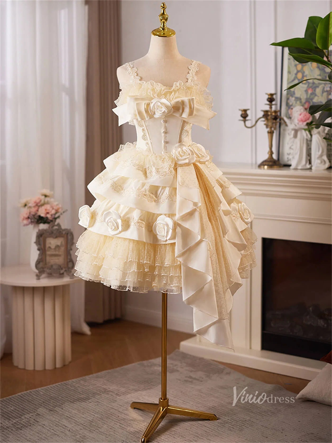 Champagne Ruffled 3D Flower Homecoming Dresses Short Lace Lolita Dress –  Viniodress