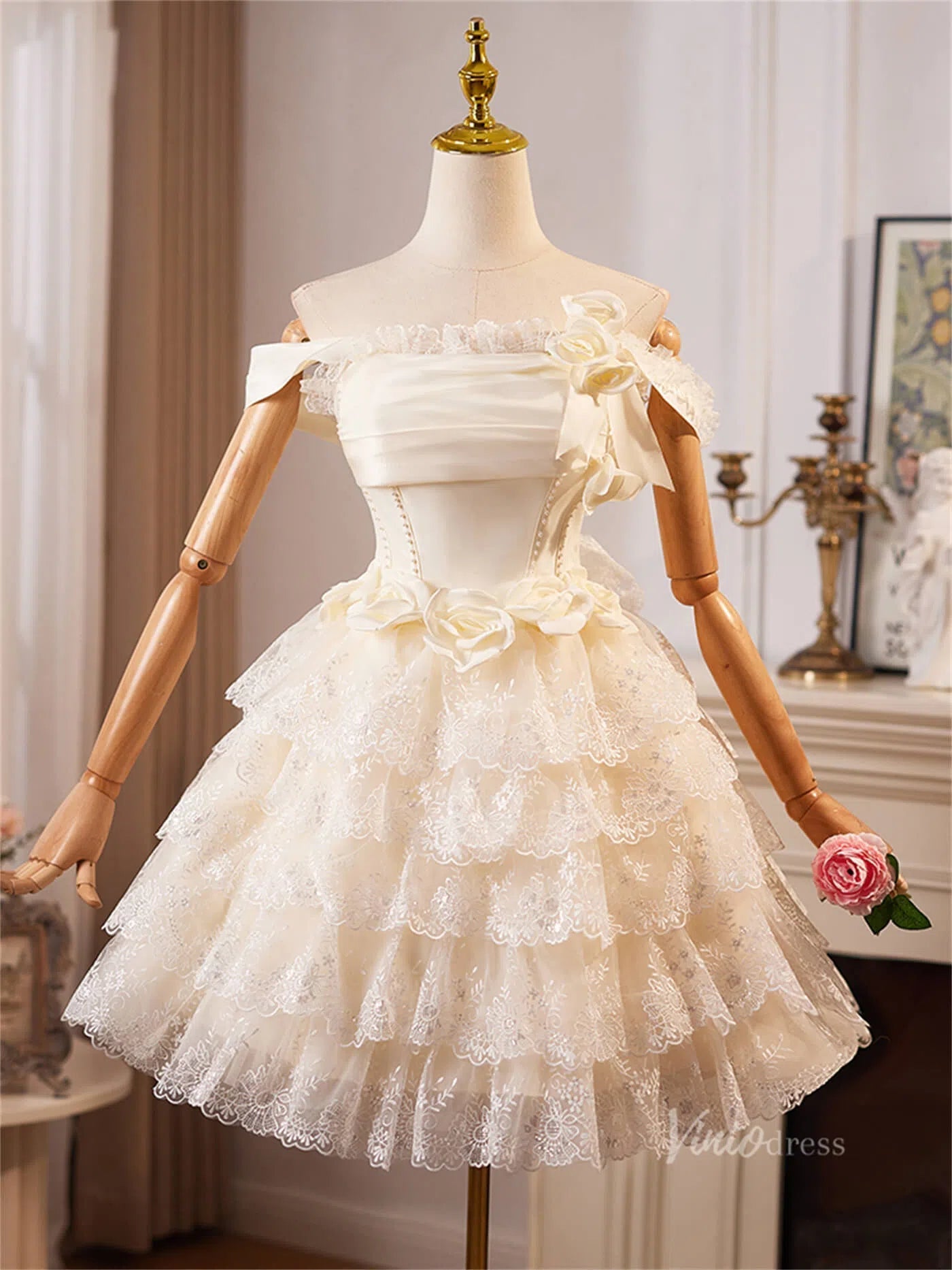 Champagne Ruffled Lace 3D Flower Homecoming Dresses Off the Shoulder S Viniodress Champagne Ruffled Lace 3D Flower Homecoming Dresses Off the Shoulder S Viniodress