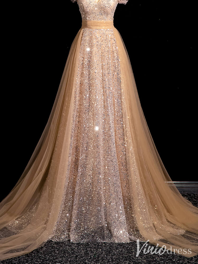 Champagne Sequin Lace Prom Dresses with Overskirt Sparkly Evening Dress 90075-prom dresses 2025 -Viniodress-Champagne-Custom Size-