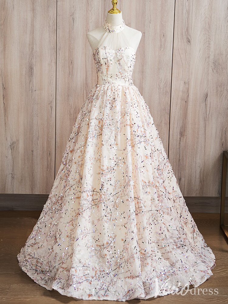 Champagne Sparkly Beaded Lace Quinceanera Dresses Halter Neck Ball Gown AD1369-prom dresses 2025 -Viniodress-Champagne-Custom Size-