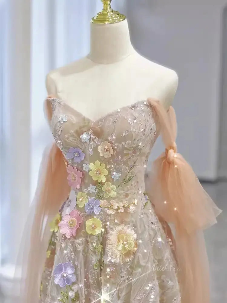 Champagne Sparkly Lace Prom Dresses with Extra Long Sleeve & 3D Flower - FD5110-prom dresses 2025 -Viniodress-Champagne-Custom Size-