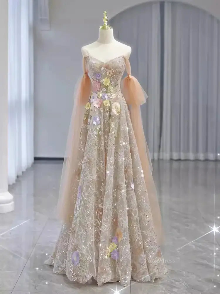Champagne Sparkly Lace Prom Dresses with Extra Long Sleeve & 3D Flower –  Viniodress