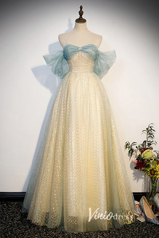 Champagne Sparkly Tulle Off the Shoulder Quinceanera Dress FD3539-prom dresses 2025 -Viniodress-Champagne-Custom Size-A-Line