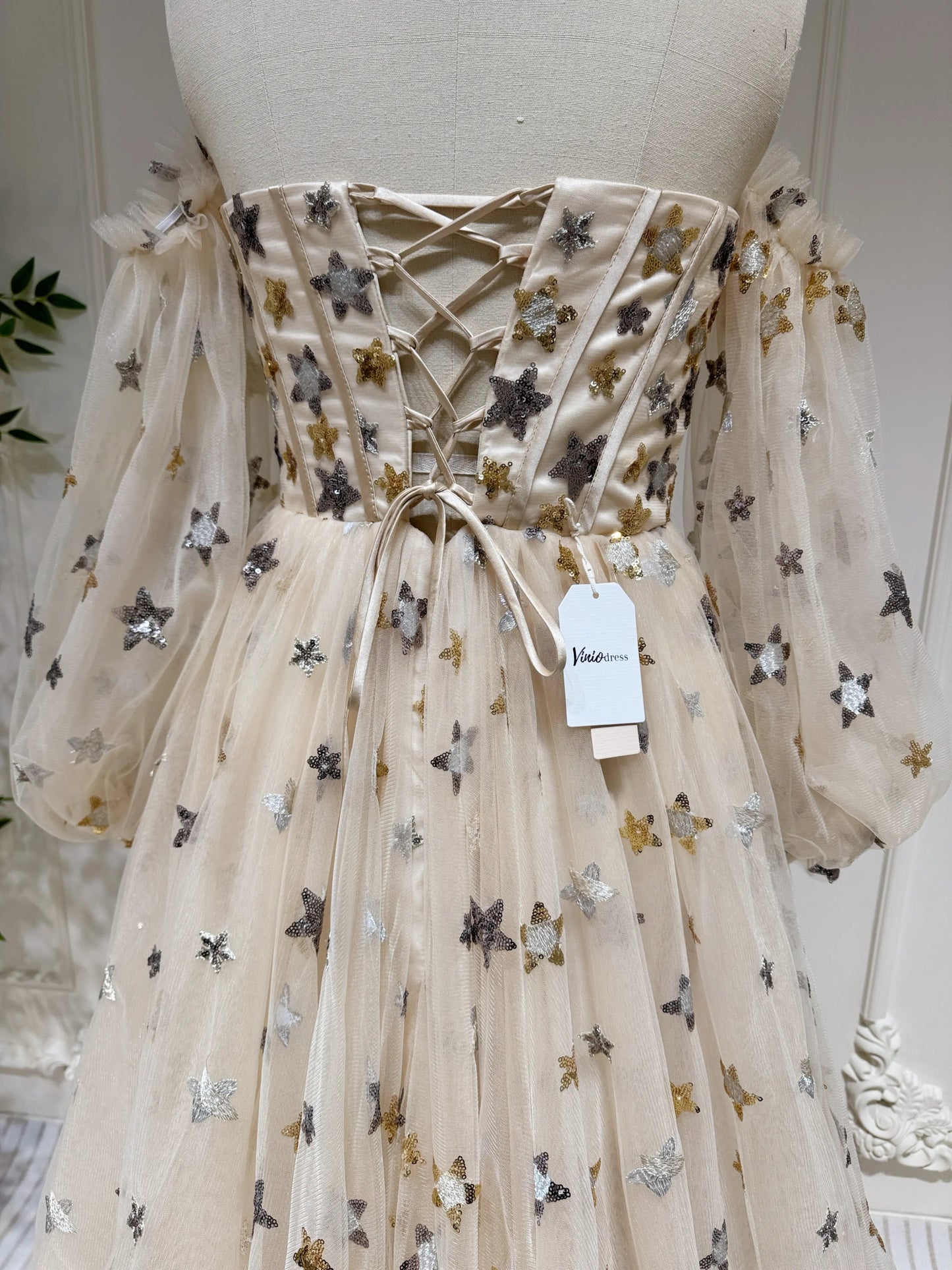 Champagne Starry Tulle Prom Dresses 2025 Strapless Removable Sleeve Formal Gown with Slit - FD5163-prom dresses 2025 -Viniodress-Champagne-Custom Size-