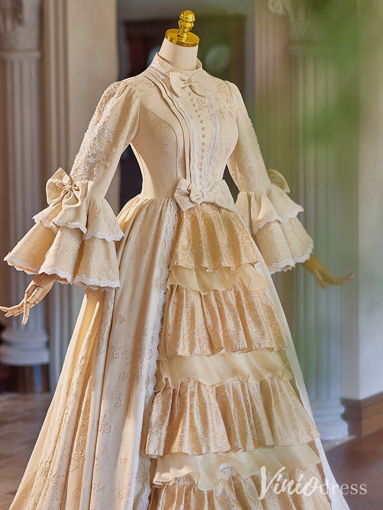 Champagne Tiered Lacy Vintage Ball Gown Long Puffed Sleeve Quinceanera Dress AD1312-Quinceanera Dresses 2025 -Viniodress-Champagne-Custom Size-