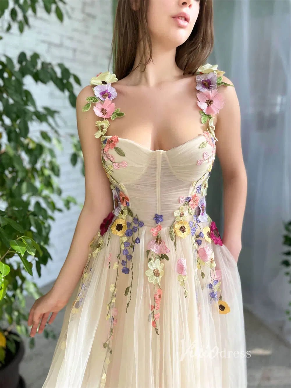 Champagne Tulle Prom Dress with Pockets Flower Appliqued Maxi Dress SD1441-Homecoming Dresses 2025 -Viniodress-Champagne-Custom Size-