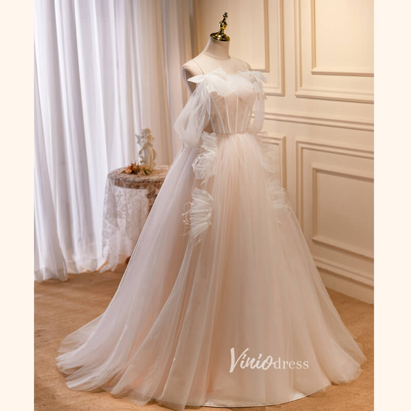 Champagne Tulle Prom Dresses Spaghetti Strap Evening Dress FD3209-prom dresses 2025 -Viniodress-Champagne-Custom Size-