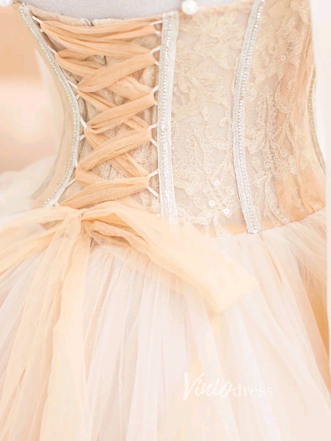 Champagne Tulle Prom Dresses Spaghetti Strap Formal Gown FD3432-prom dresses 2025 -Viniodress-Champagne-Custom Size-