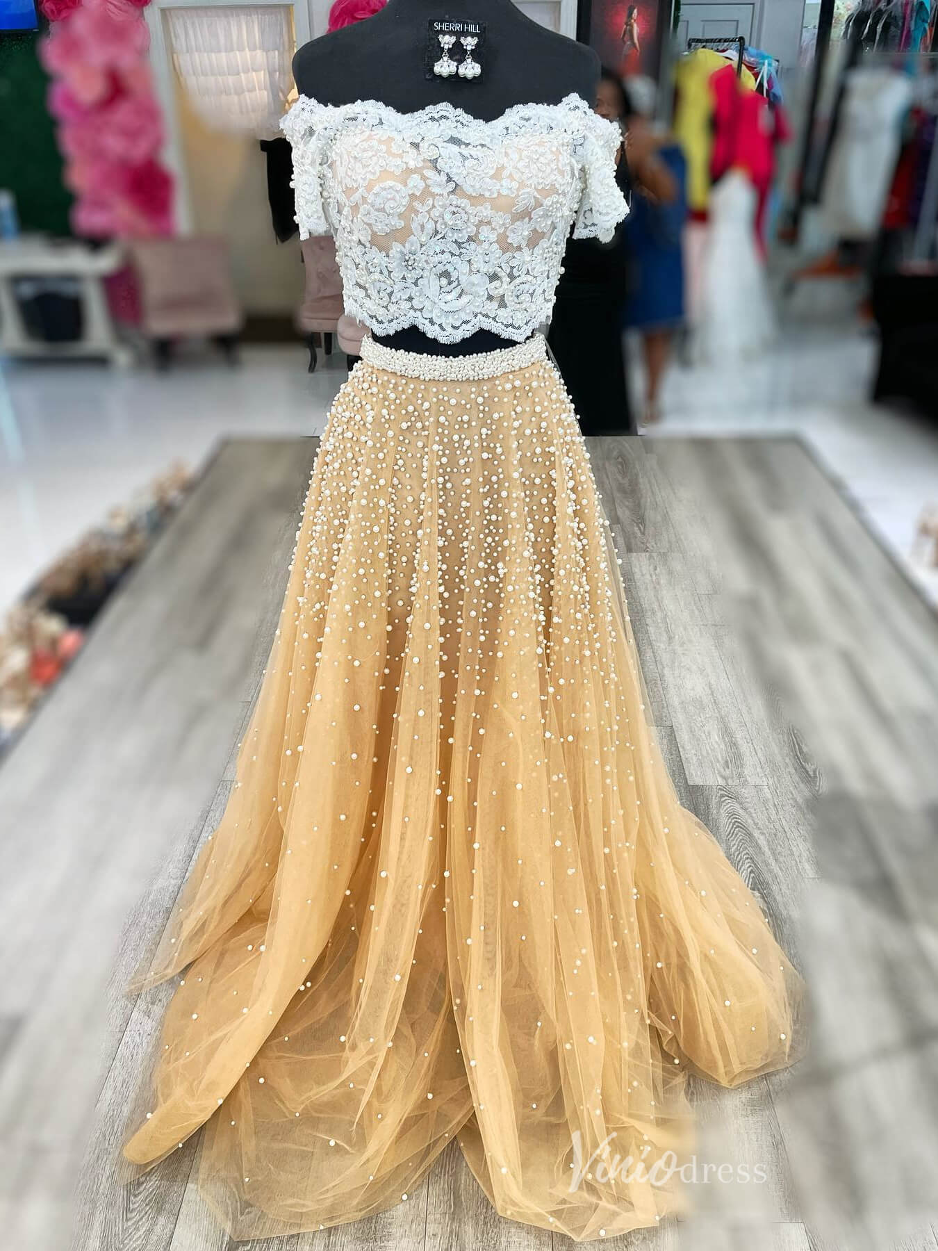 Champagne Two Piece Prom Dresses Sheer Lace Bodice Pearl Tulle FD4006-prom dresses 2025 -Viniodress-Champagne-Custom Size-