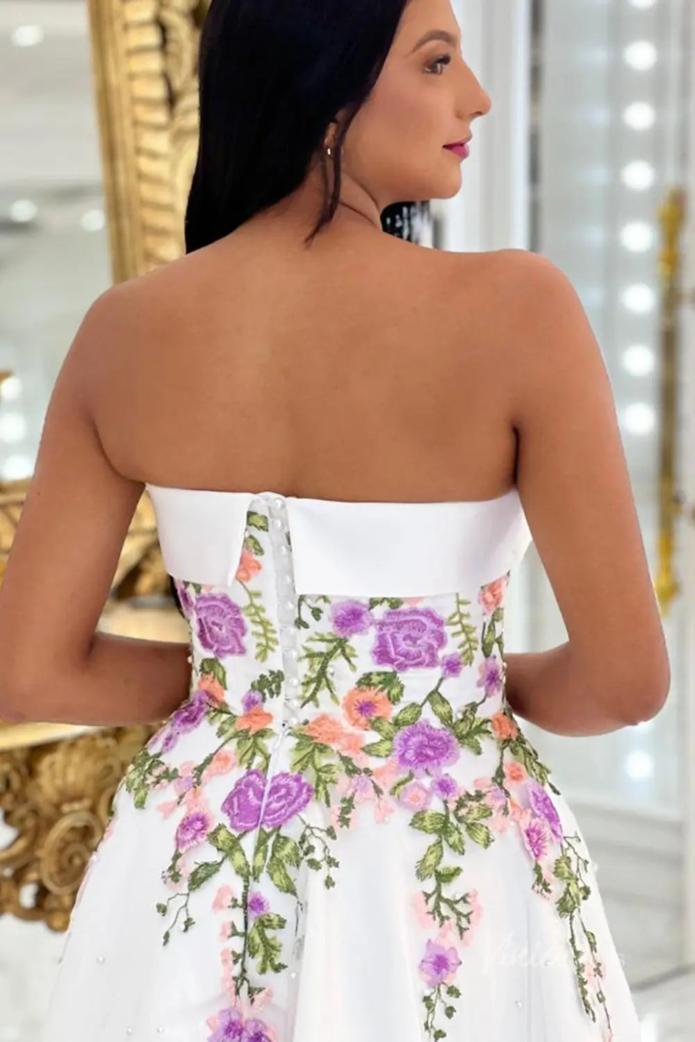 Charming Floral Embroidered Midi Wedding Dress with Strapless Neckline & Pearl-Beaded Skirt – FW251-wedding dresses 2025 -Viniodress-Ivory-Custom Size-