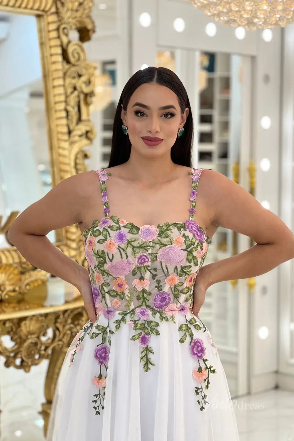 Charming Floral Embroidered Tea-Length Wedding Dress with Sheer Corset Bodice, Spaghetti Straps & Lace-Up Back – FW248-wedding dresses 2025 -Viniodress-White-Custom Size-