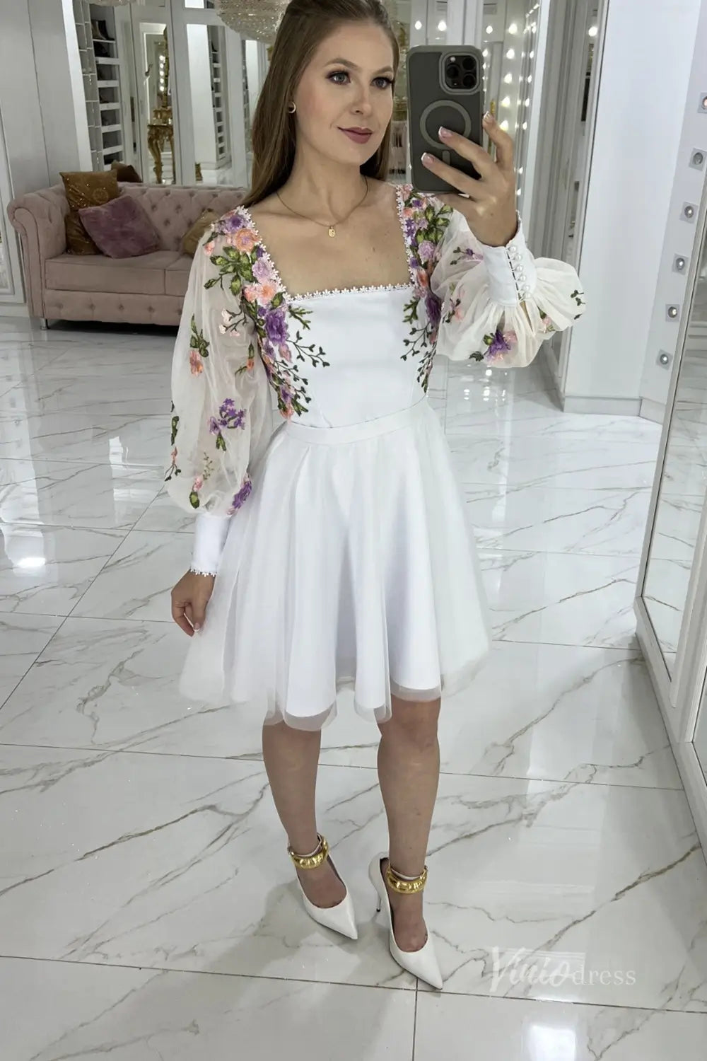 Charming White Floral Embroidered Short Wedding Dress with Square Neckline & Sheer Bishop Sleeves – FW242S-wedding dresses 2025 -Viniodress-White-Custom Size-