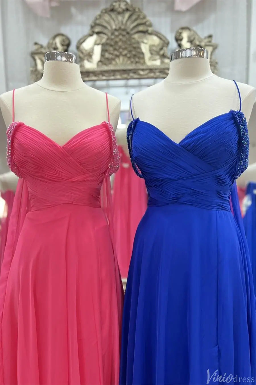 Chiffon A-Line Evening Dress with Pleated Bodice, Beaded Off-Shoulder Straps & Flowing Train – AE1006-formal dresses 2025 -Viniodress-Pink-Custom Size-