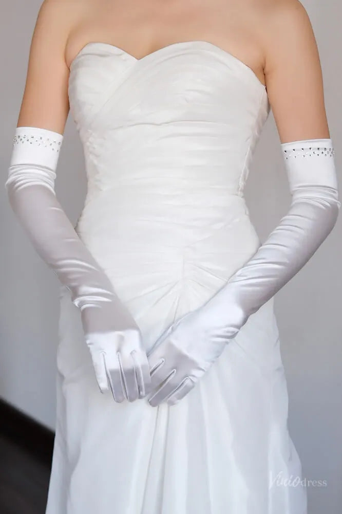 Classic Opera Satin Bridal Gloves with Crystals WG177-Bridal Gloves 2026-Viniodress-Ivory-