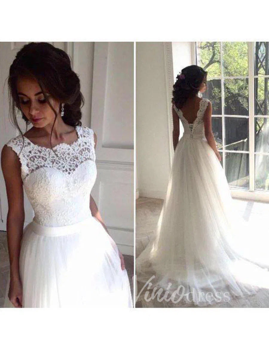 Classic Tulle Beach Wedding Dresses with Lace Bodice VW1234-wedding dresses 2025 -Viniodress-Ivory-Custom Size-