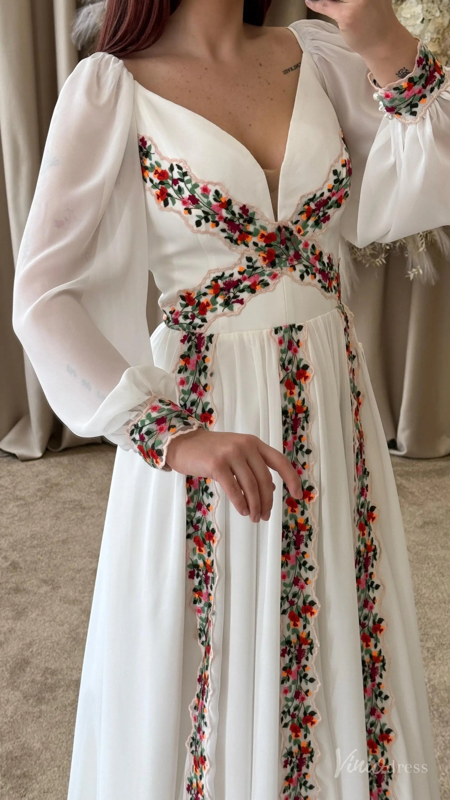 Colored Boho Floral Wedding Dress with Sleeves | A-Line Chiffon Garden Bridal Gown FW215-wedding dresses 2025 -Viniodress-Ivory-Custom Size-