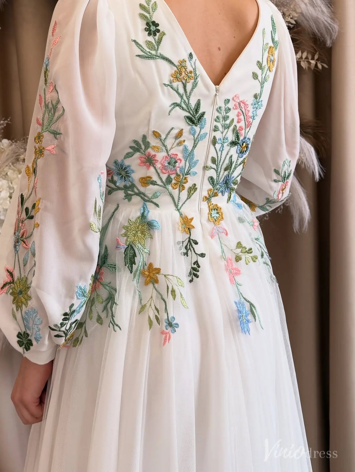 Colored Botanical Wedding Dress | Boho V-Neck Floral Embroidered Gown with Long Bishop Sleeves FW213-wedding dresses 2025 -Viniodress-Ivory-Custom Size-