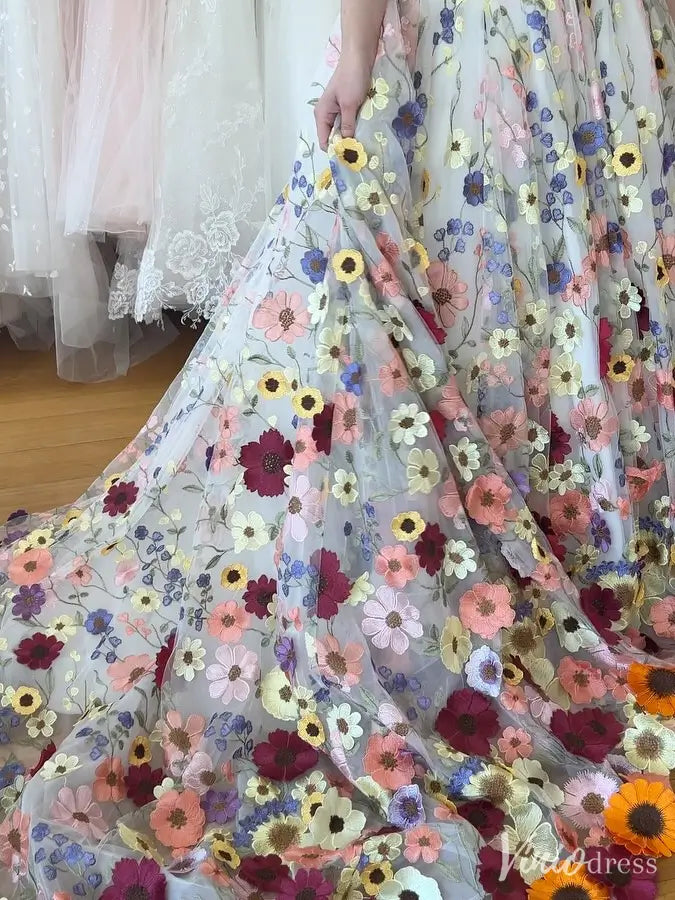 Colorful Floral Embroidered Tulle Off-the-Shoulder Ball Gown Wedding Dress with Sweetheart Neckline & Chapel Train – FW205-wedding dresses 2025 -Viniodress-Ivory-Custom Size-