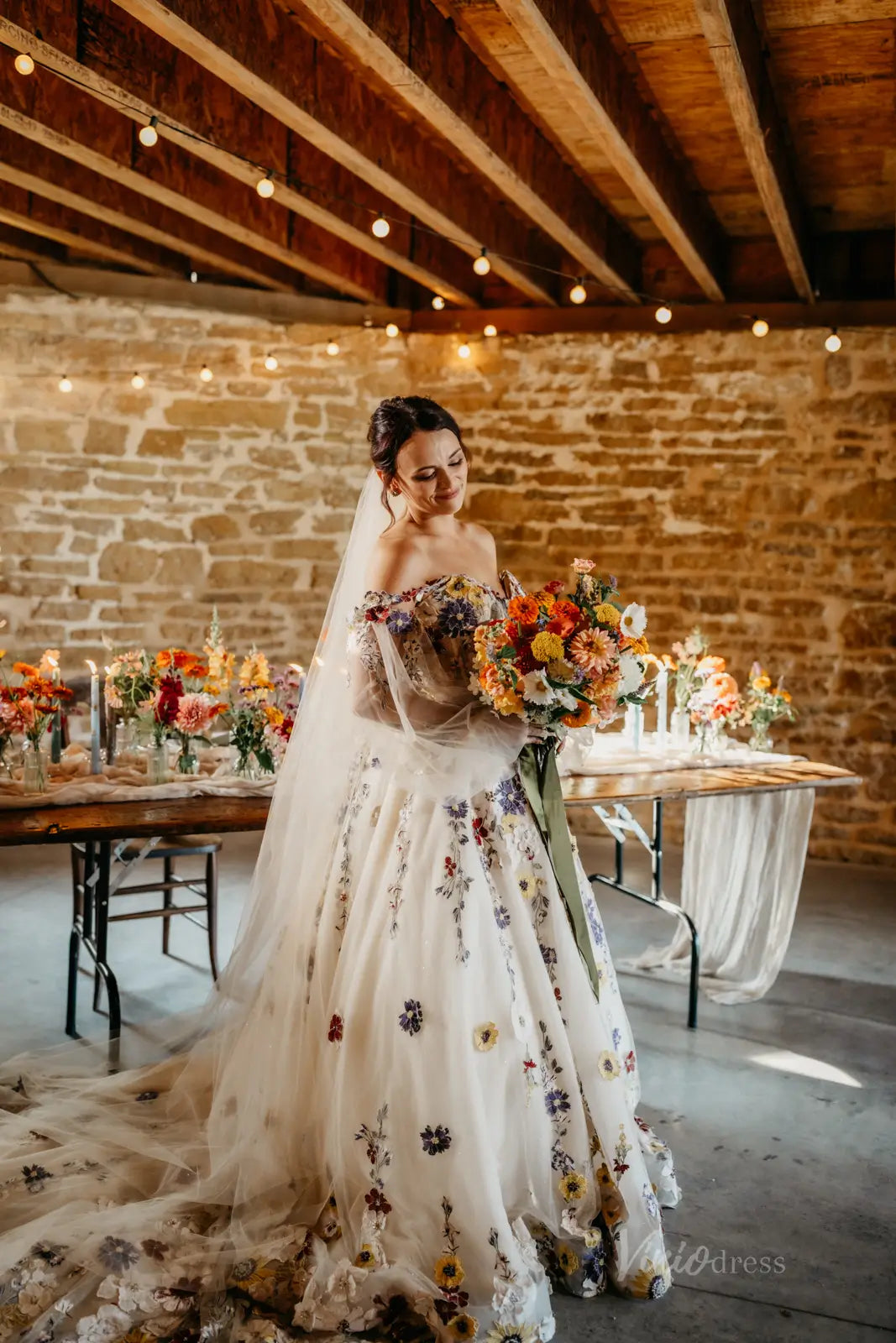 Colorful Floral Fairy Wedding Dress | Spaghetti Strap Ball Gown with V Viniodress Colorful Floral Fairy Wedding Dress | Spaghetti Strap Ball Gown with V Viniodress
