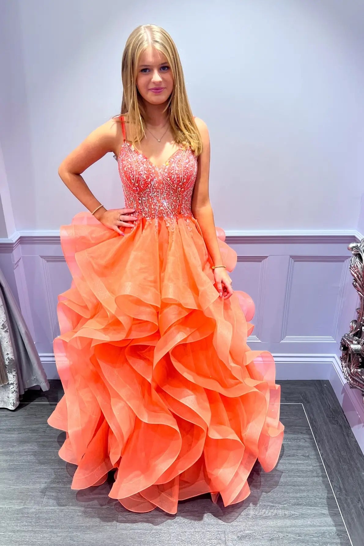 Coral Beaded Corset Prom Dress with Tiered Ruffle Glitter Tulle Skirt & Spaghetti Straps – LY021-prom dresses 2026-Viniodress-Coral-Custom Size – Add Measurements in Cart-
