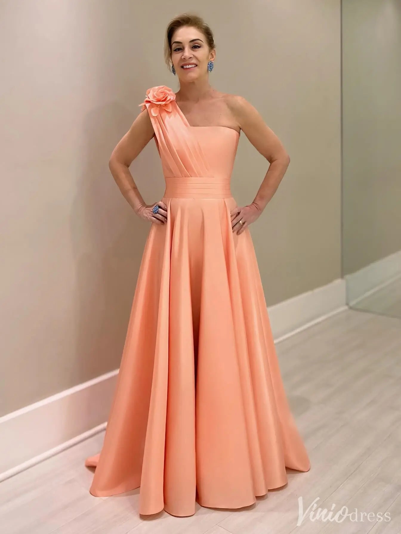 Coral One-Shoulder Satin Formal Dress with Floral Shoulder Elegant Prom Gowns | IS007-prom dresses 2025 -Viniodress-Coral-Custom Size-