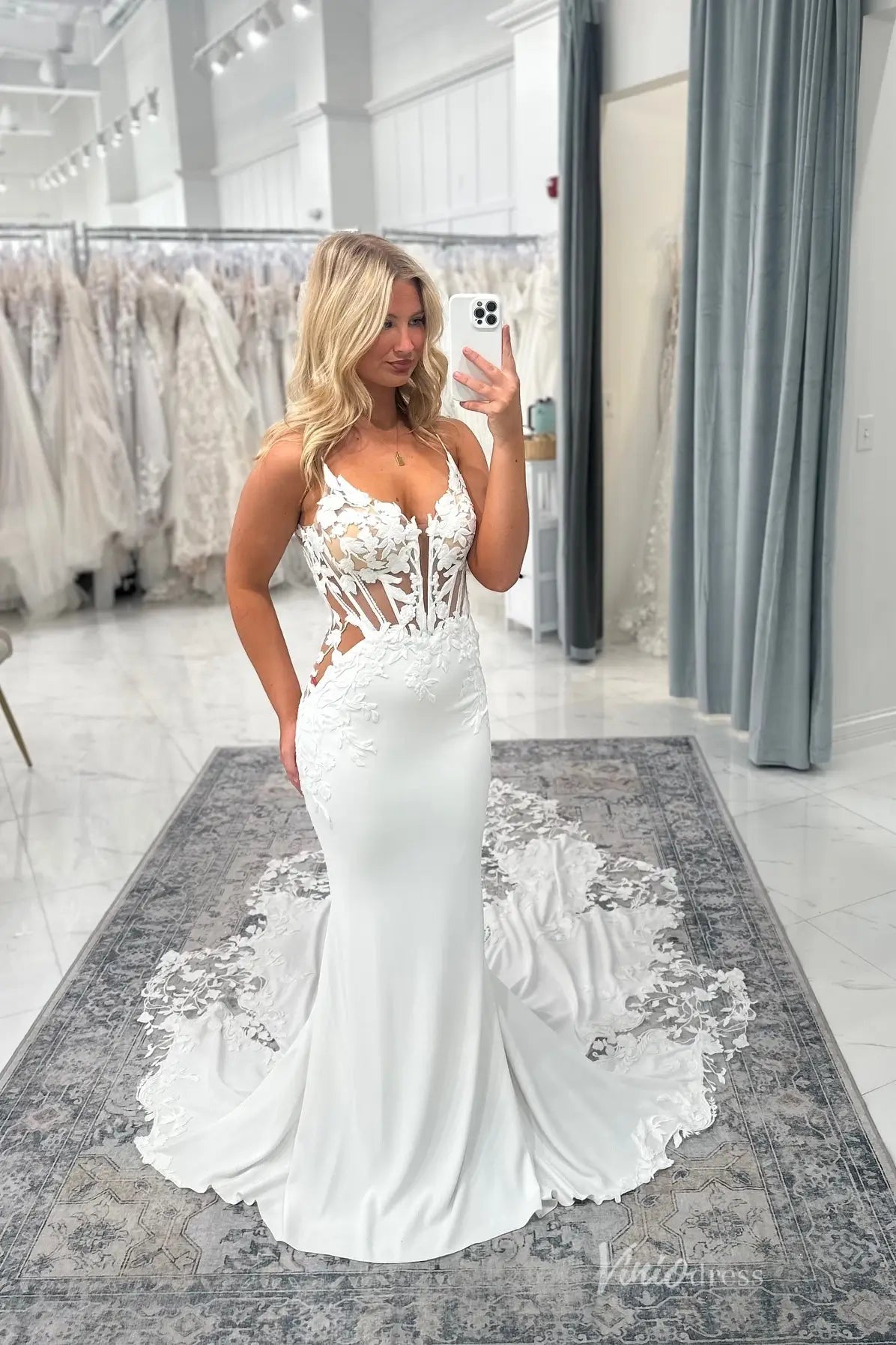 Crepe Mermaid Wedding Dress | Plunging V-Neck Gown with Lace Appliqué Straps, Boned Bodice & Petal Train SL002-wedding dresses 2025 -Viniodress-Ivory-Custom Size-