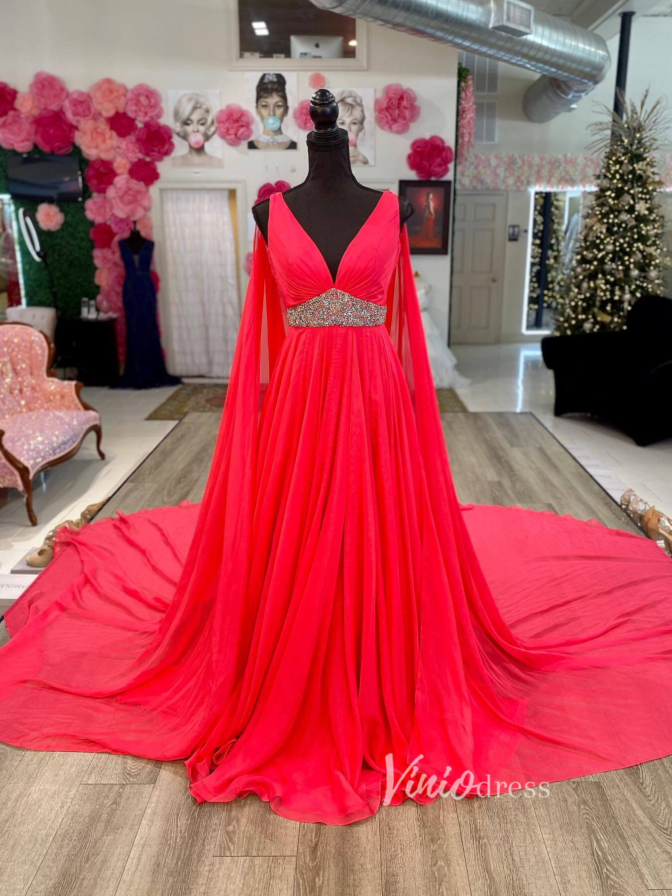 Crimson Red Chiffon Pageant Gown Cape Sleeve Prom Dresses fd2750-prom dresses 2025 -Viniodress-Red-Custom Size-