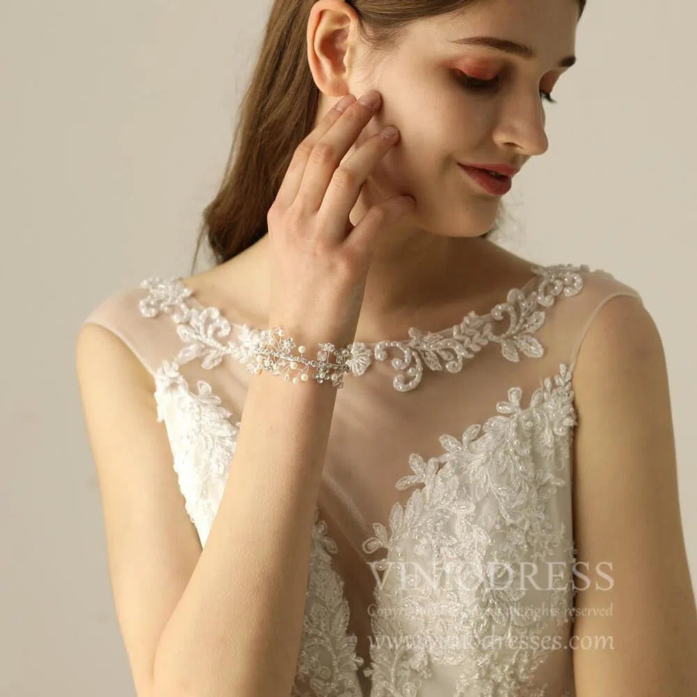 Crystal and Pearl Spray Cuff Bracelet AC1096-Bridal Jewelry 2025 -Viniodress-Silver-