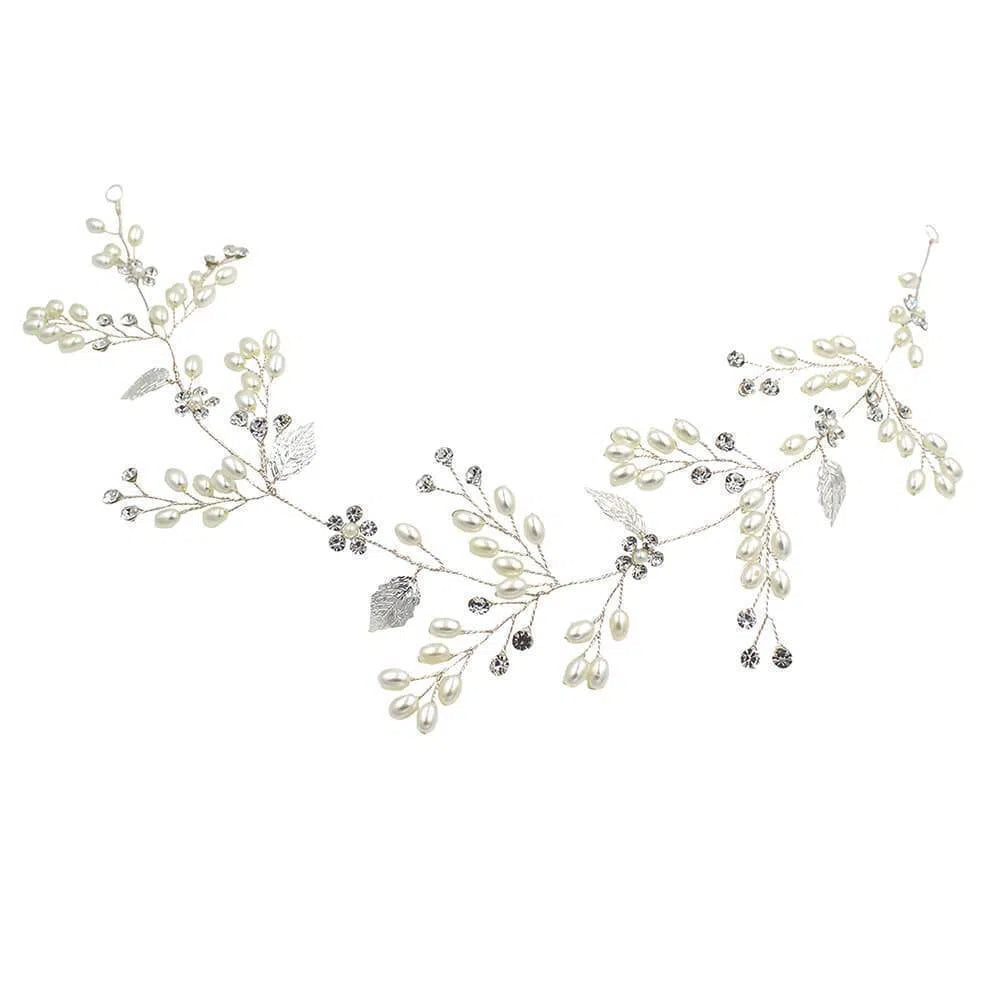 Crystal and Pearl Sprig Silver Bridal Headbands with Leaves ACC1118-Headpieces 2025 -Viniodress-Silver-