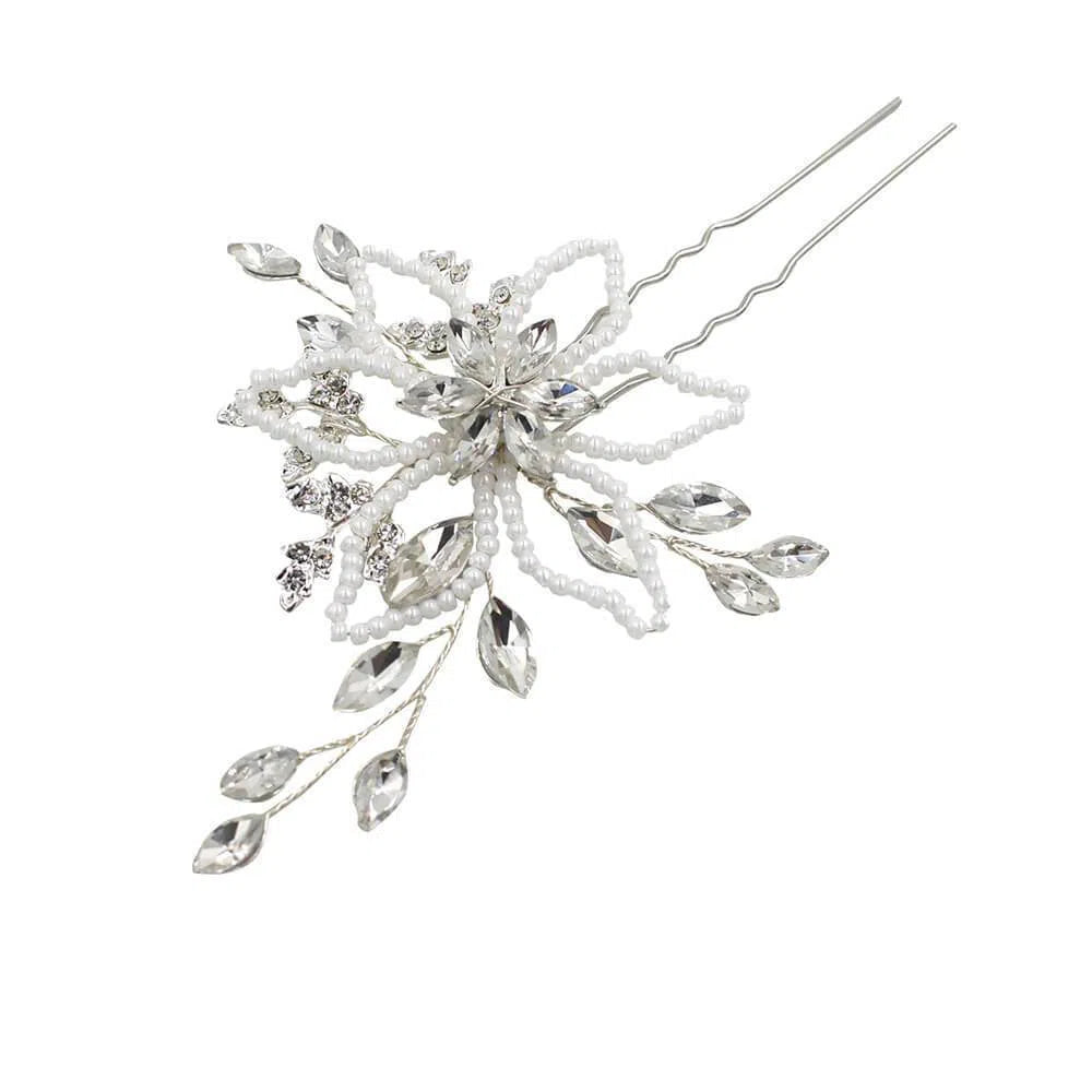 Crystal and Pearls Flower Hairpins AC1109-Headpieces 2025 -Viniodress-Silver-