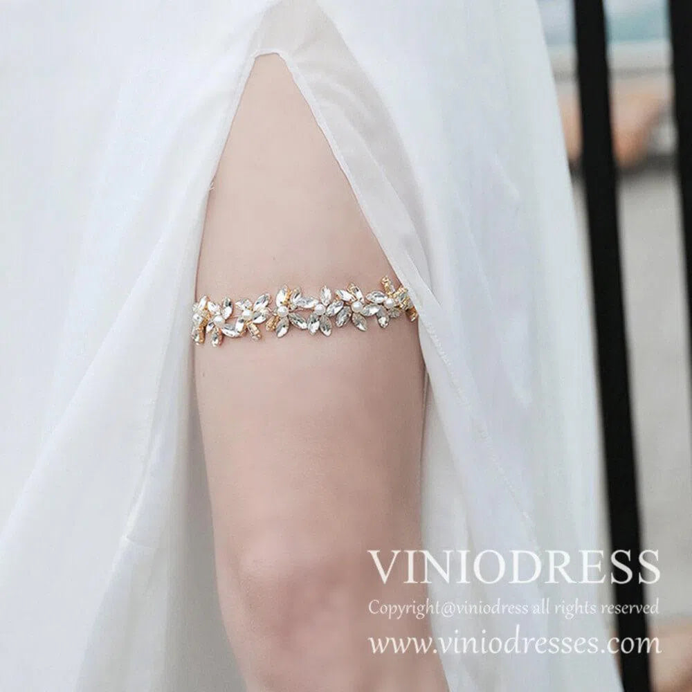 Crystal Flower Bridal Garter with Pearls AC1033-Bridal Jewelry 2025 -Viniodress-Gold-