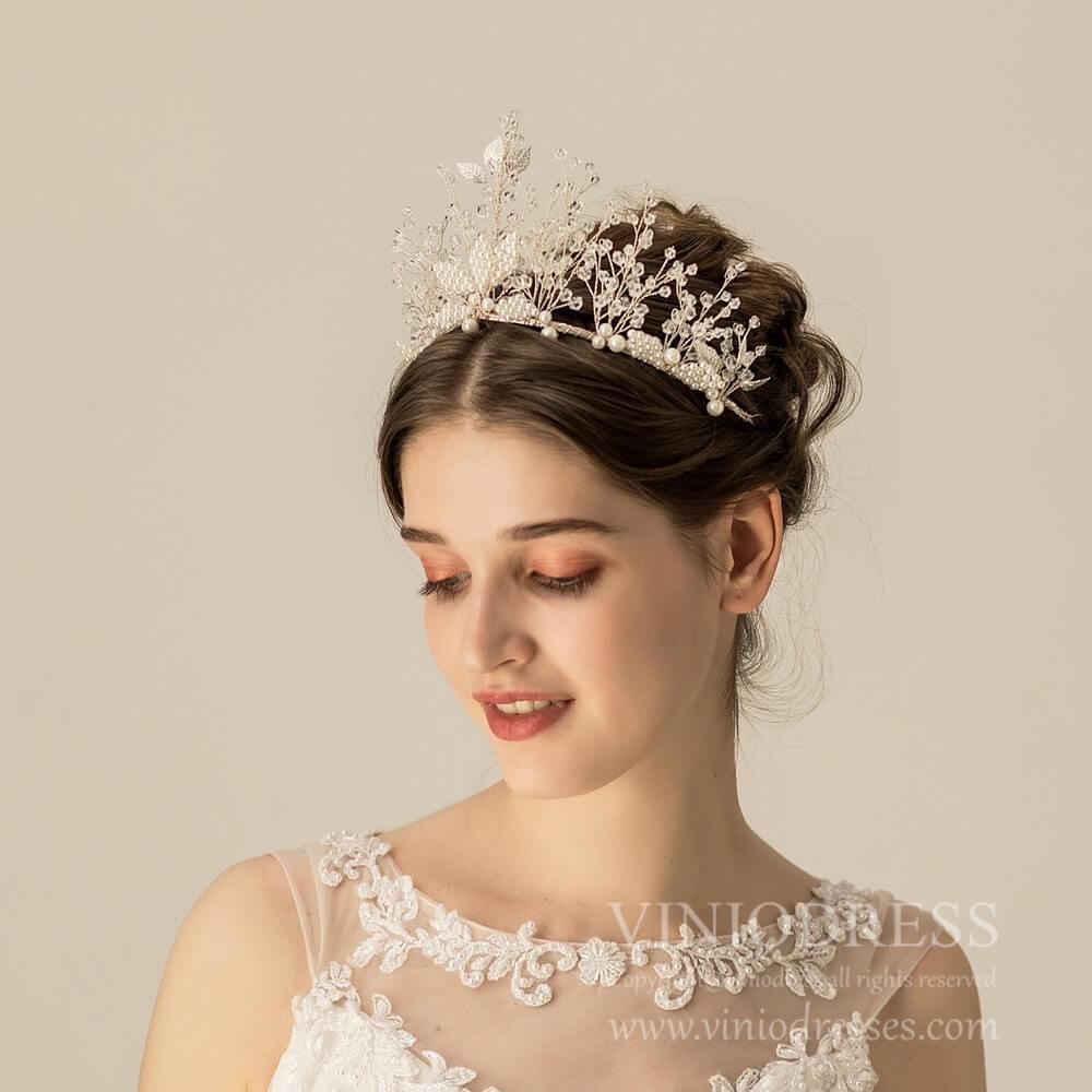 Crystal Spray Bridal Tiara Pearls Quinceanera Crown AC1092-Headpieces 2025 -Viniodress-Silver-