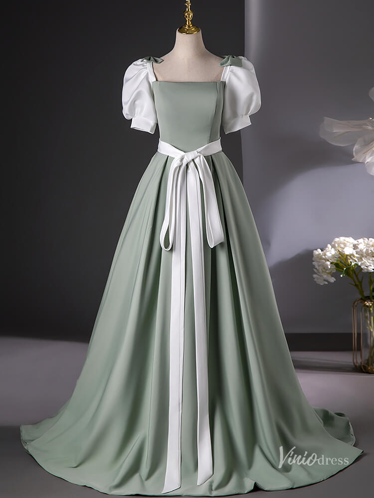 Cute Green Puffed Sleeve Bow Prom Ball Gown Satin Belt Quinceanera Dresses BG016-prom dresses 2025 -Viniodress-Green-Custom Size-